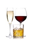 Whiskey, wine, champagne drinks Royalty Free Stock Photo