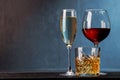 Whiskey, wine, champagne drinks Royalty Free Stock Photo