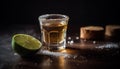 Whiskey on wood, lime slice, refreshing cocktail in bar generated by AI Royalty Free Stock Photo