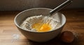 Whisking Eggs and Flour in a Bowl, Baking Preparation, Close-Up View Royalty Free Stock Photo