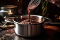 whisking hot chocolate mixture in a saucepan Royalty Free Stock Photo