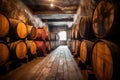 whisky aging in oak barrels with visible labels