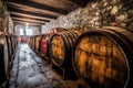 whisky aging in oak barrels with visible labels Royalty Free Stock Photo