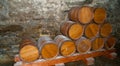 Whisky Barrels in the Cellar, Corgarff Castle, near Tomintoul, Moray Scotland, Uk. 