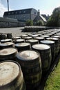 Whisky Barrels outside The Glenmorangie Distillery. Tain, Scotland, September 16, 2014. Royalty Free Stock Photo