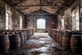 whisky casks stacked in a historic stone warehouse Royalty Free Stock Photo