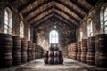 whisky casks stacked in a historic stone warehouse Royalty Free Stock Photo