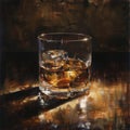 Whisky in Glass with Ice Cubes on Rustic Wooden Table. Oil painting on canvas.