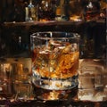 Whisky in Glass with Ice Cubes on Rustic Wooden Table. Oil painting on canvas.
