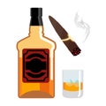 Whisky and ice. Gentleman set. Bottle of scotch. Cigar and smoke Royalty Free Stock Photo