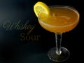 A whisky sour in a coupe glass with a lemon wagon wheel garnish. Text added. Royalty Free Stock Photo