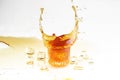 Whisky splash in a transparent glass and ice slices on a white b Royalty Free Stock Photo