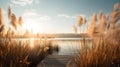 Captivating Tranquil Lakeside Scene with Tall Reeds and Rustic Jetty, Ethereal Sunlight and Subtle Shadows. Generative Ai