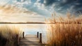 Captivating Tranquil Lakeside Scene with Tall Reeds and Rustic Jetty, Ethereal Sunlight and Subtle Shadows. Generative Ai