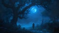 Whispering Shadows: Ethereal Encounters in Moonlit Forest./n Royalty Free Stock Photo