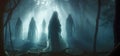Whispering specters drift silently through a moonlit forest veiled in heavy fog. Generative AI
