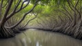 Whispering Tides: Mangrove Trees Arching Over a Tranquil Waterway