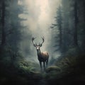 Whispering Woods - A deer attentively listening in a forest thick with fog