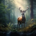 Whispering Woods - A deer attentively listening in a forest thick with fog