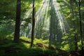 Whispering Woods: serene panorama of a mystical forest with sun rays filtering through the canopy, creating a play of light