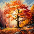 Whispering Woods: A solitary tree stands tall amidst a carpet of fallen leaves, emanating an air of serenity