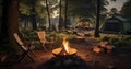 Whispering Woods and Warmth. The Peaceful Interplay of Campfire and Chairs in Nature\'s Lap. Generative AI