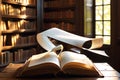Whispers of Knowledge: Open Book with Pages Seemingly Caught in a Gentle Breeze, a Ribbon Bookmark Mid-Air as If Just Launched