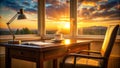 Whispers of Knowledge A Study Desk Awash in the Warm Glow of Sunset Generative AI Royalty Free Stock Photo