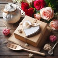 Greeting Card Display with Heart, Gift, and Rose on Rustic Wooden Table. Generative ai for illustrations