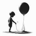 Whispers of Solitude: Little Boy with Floating Balloon in Black & White Royalty Free Stock Photo