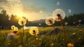 Dandelion Seeds Carried Away by a Gentle Summer Breeze Across a Lush Field in Golden Afternoon Sun. Generative Ai Royalty Free Stock Photo