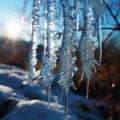 winter icicles on a tree with the sun glaring in the distance