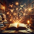 Old Bookshelf, Flying Letters, and Magical Light Conjuring the Spirit of Ancient Knowledge. Generative ai for illustrations