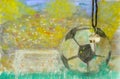 Whistle of soccer referee or coach and handpainted watercolor grungy stadium and soccer ball.Great soccer event in 2024 Royalty Free Stock Photo