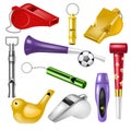 Whistle vector coach whistling sound tool and fan blowing equipment of referee judging game illustration set of trainer