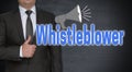 Whistleblower concept and businessman with thumbs up