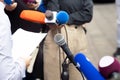 Whistleblower holding documents and giving statement at media event or news conference Royalty Free Stock Photo