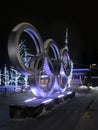 Whistler, BC, Canada - January 15, 2020. Night view of the olympic rings in Whistler Village. Royalty Free Stock Photo