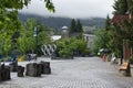 Whistler, BC, Canada - June 4, 2018. Olympic rings at Olympic Plaza on a rainy summer day.  Whistler was the Host Mountain Resort Royalty Free Stock Photo