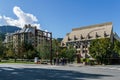 WHISTLER, CANADA - AUGUST 25, 2019: urban environment and street view with people sunny summer day