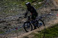 Whistler Canada, June 16 2018: editorial photo of a person riding their mountain bike on whistler mountain. The summer attracts
