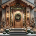 Whistler Chalet Home Front Pine Entrance Door Decorations Christmas Holiday Celebrating Season Wreath AI Generate