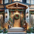 Whistler Chalet Luxury Home Front Wood Entrance Door Decorations Christmas Holiday Celebrating Season Wreath AI Generate