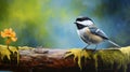 Whistlerian Chickadee: A Photographic Style Painting On Wood Branch