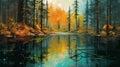 Whistlerian Forest Painting With Teal And Amber Reflections