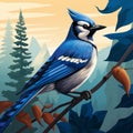 Whistlerian Illustration Of A Blue Bird In A Colorful Forest