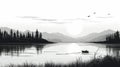 Whistlerian Inspired Black And White Vector Illustration Of Sunset, Lake, And Birds Fishing