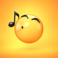 Whistling emoji isolated on yellow background, music emoticon 3d rendering