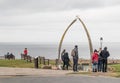 People gathering at Whitby Whale Bones landmark