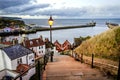 Whitby harbour as seen from the famous 199 steps leading to Whitby Abby. Royalty Free Stock Photo